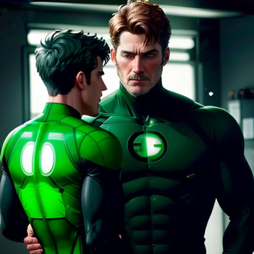 two men in green costumes standing next to each other in a room with windows and a ceiling fan behind them