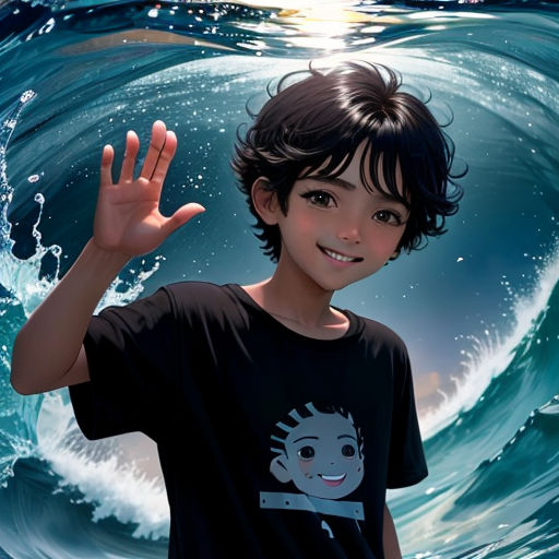 a boy is standing in the water with his hand up to the camera and smiling at the camera, with a wave behind him