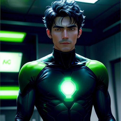 a man in a green suit standing in a room with a green light on his chest and a green light on his chest
