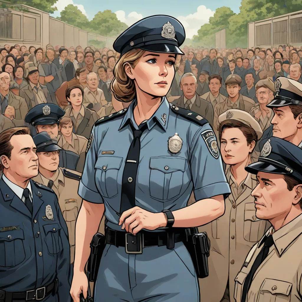 a woman police officer standing in front of a crowd of people in uniform, with a crowd of people behind her, american realism, a comic book panel, F Scott Hess, graphic novel
