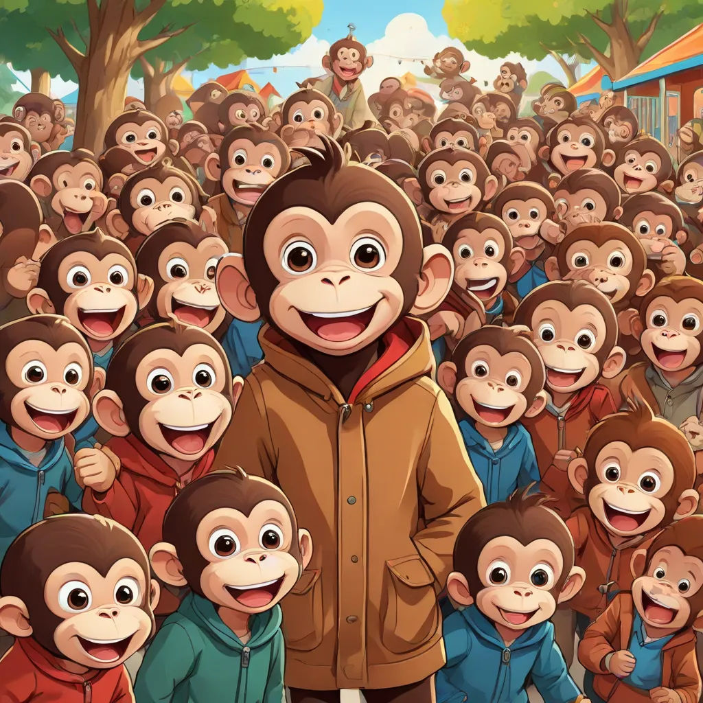 a man standing in front of a group of monkeys in a crowd of people with a monkey on his head, furry art, poster art, Basuki Abdullah, official art