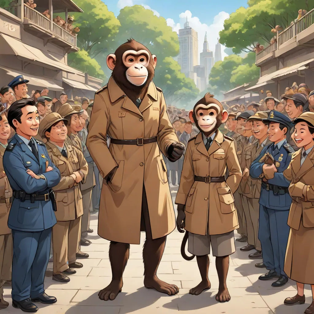 a monkey in a trench coat standing in front of a group of people in uniform with a monkey on his shoulder, furry art, poster art, F Scott Hess, official art