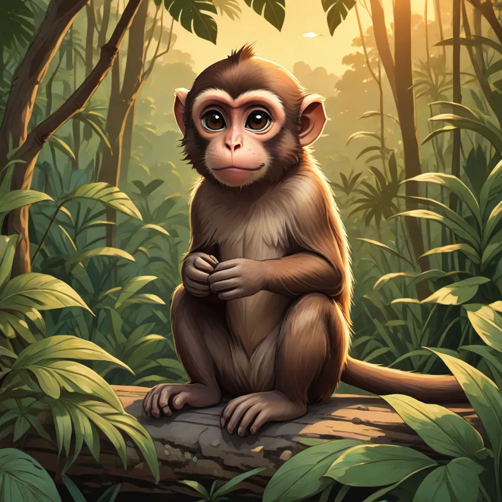 a monkey sitting on a log in a jungle with trees and plants around it, looking at the camera, sots art, a digital painting, Chris LaBrooy, highly detailed digital painting