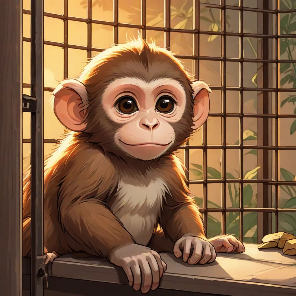 a monkey sitting on a ledge in a cage with bananas in it's paws and a banana in the background, fantasy art, a character portrait, Alex Petruk APe, official art
