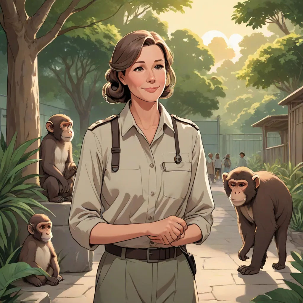 a woman in a uniform standing in front of monkeys and a building with a sign that says,,, naturalism, a character portrait, David Park, official art