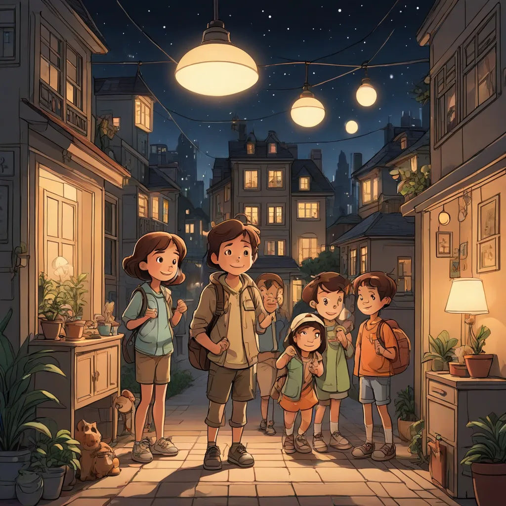 a group of children standing in a narrow alley way at night with a man standing in the middle of the alley, paris school, a storybook illustration, Diego Gisbert Llorens, rossdraws global illumination