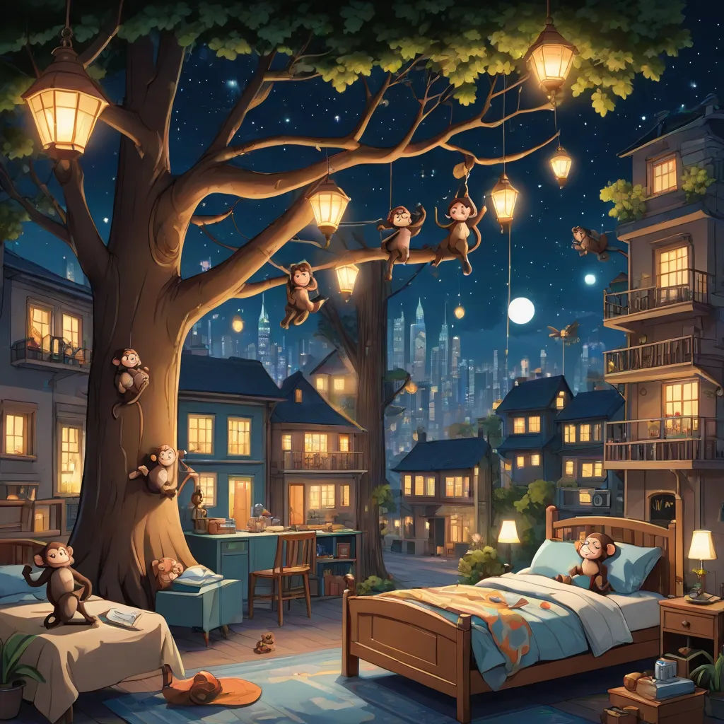 a bedroom with a tree and a bed with teddy bears on it and a night sky background with a cityscape, fantasy art, a storybook illustration, Chris LaBrooy, rossdraws global illumination