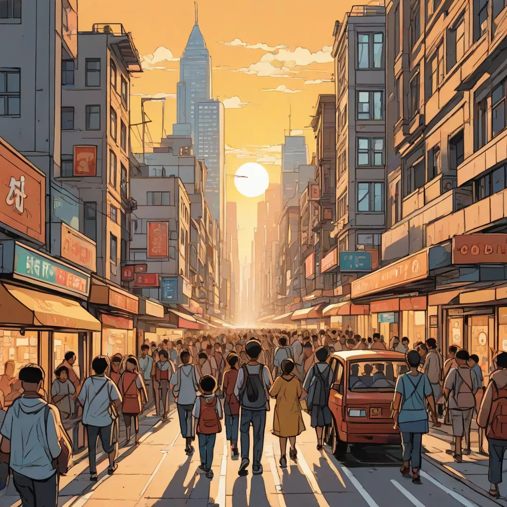 a group of people walking down a street next to tall buildings and tall buildings with a sunset in the background, retrofuturism, a comic book panel, Asaf Hanuka, laurie greasley