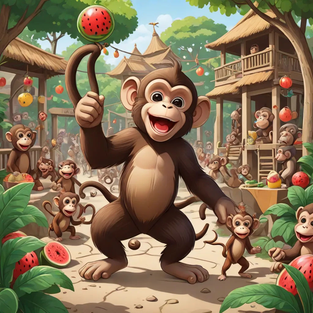 a monkey holding a ball in a cartoon style with many other monkeys around it and a house in the background, fantasy art, a storybook illustration, Chris LaBrooy, highly detailed digital painting