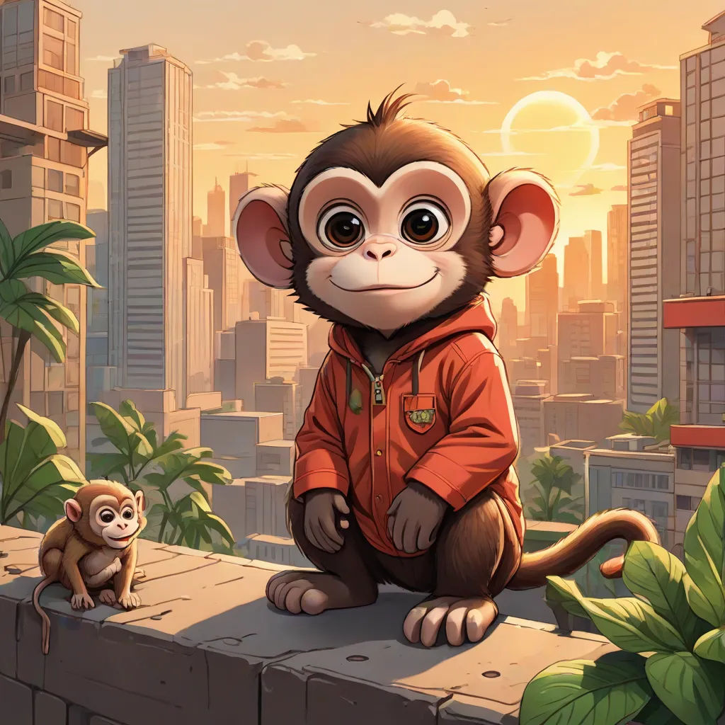 a monkey sitting on a ledge with a monkey nearby in a city setting with skyscrapers and buildings in the background, sots art, a detailed painting, Chris LaBrooy, city background