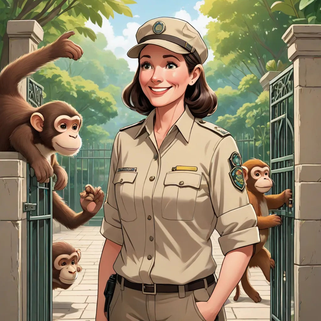 a woman in uniform standing in front of a monkey and a gate with a monkey on it's shoulder, furry art, a character portrait, Chris LaBrooy, character portrait
