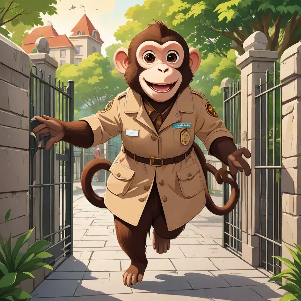 a monkey in a uniform is walking down a sidewalk with a gate and a gated in area behind it, furry art, a character portrait, Chris LaBrooy, official art