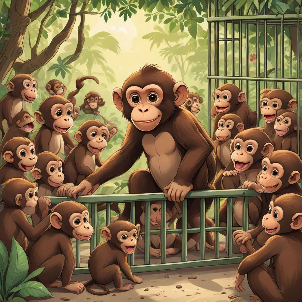a group of monkeys in a cage with a man standing next to them and a woman standing behind them, incoherents, a storybook illustration, Alex Petruk APe, furaffinity