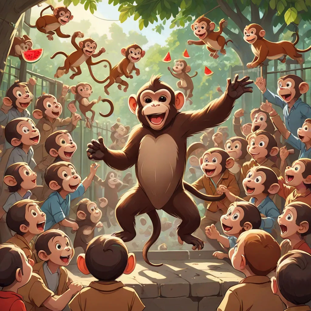 a monkey is standing on a platform surrounded by a crowd of children and adults, with a monkey on his back, furry art, a storybook illustration, Chris LaBrooy, furaffinity