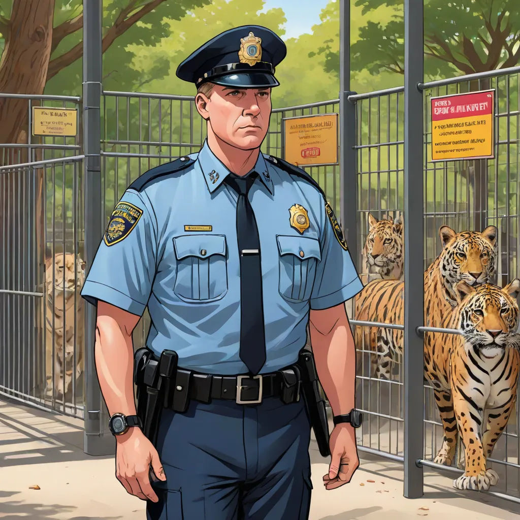 a police officer standing in front of a tiger behind a fenced in area with a tiger behind it, furry art, concept art, Chris LaBrooy, furaffinity