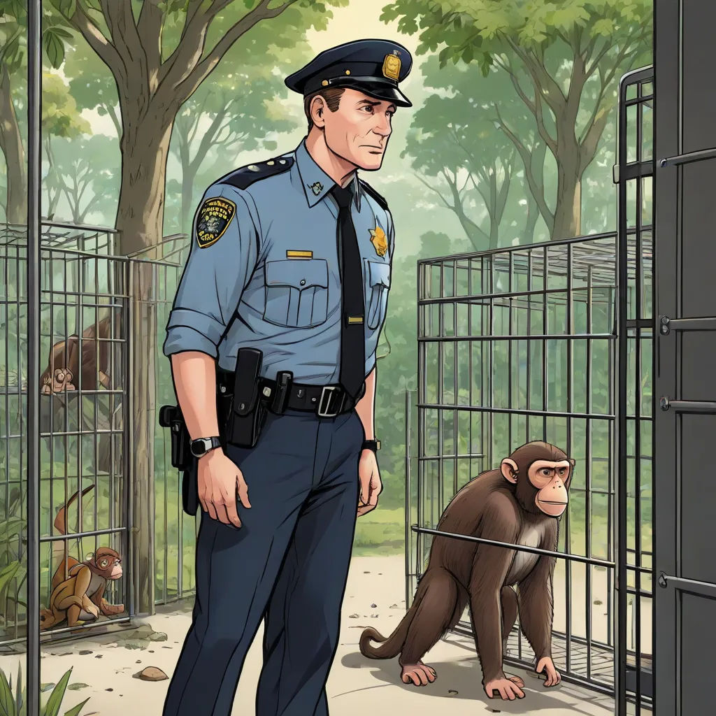 a cartoon of a man in a police uniform standing in front of a monkey in a cage with a monkey in the background, institutional critique, a comic book panel, Chris LaBrooy, furaffinity