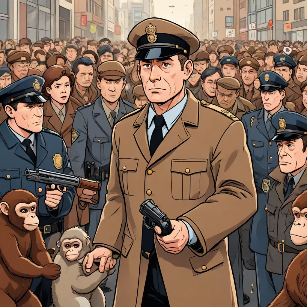 a man in a military uniform holding a gun in front of a crowd of people with monkeys on their backs, les automatistes, poster art, Arnold Mesches, furaffinity