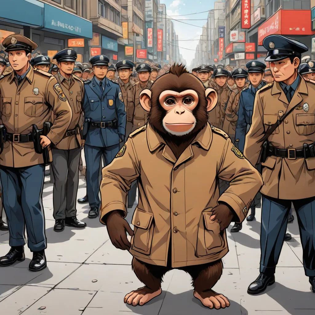 a monkey in a coat standing in front of a group of police officers in a city street with a monkey in the middle of the street, private press, a comic book panel, Chris LaBrooy, official art