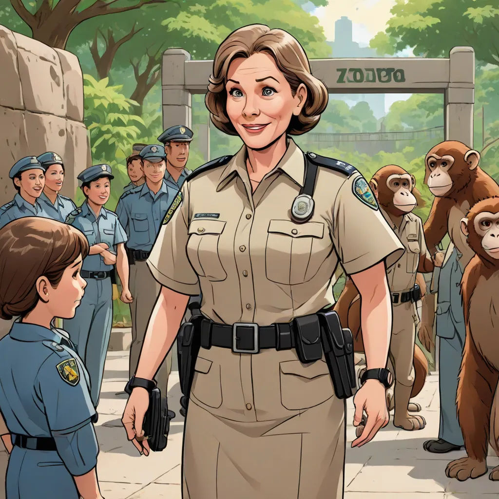 a woman in a police uniform standing next to a boy in a crowd of people with monkeys behind her, american realism, a comic book panel, F Scott Hess, official art