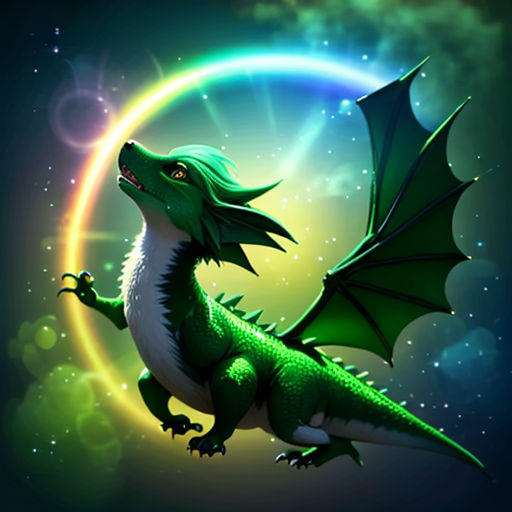 a green dragon flying through the air with a rainbow in the background and a ring around it's neck
