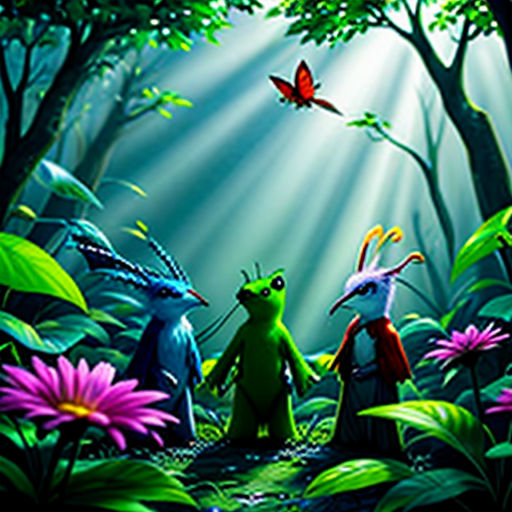 a painting of some bugs in the woods with a butterfly flying above them and a butterfly flying above them