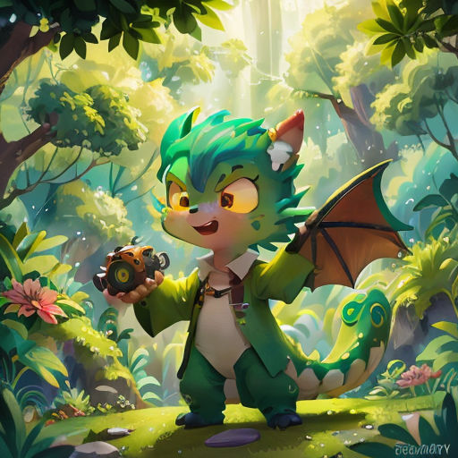 a cartoon character holding a camera in a forest with a dragon on it's shoulder and a bug in his hand