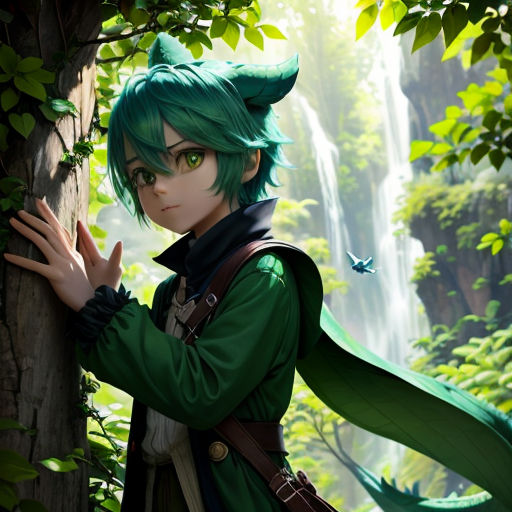 a man with green hair and green eyes standing next to a tree in a forest with a waterfall in the background