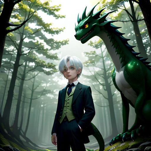 a boy in a suit and tie standing next to a dragon in a forest with trees and rocks on the ground