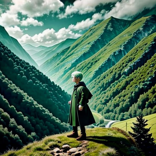 a man standing on top of a lush green hillside next to a forest filled mountain range with a valley below