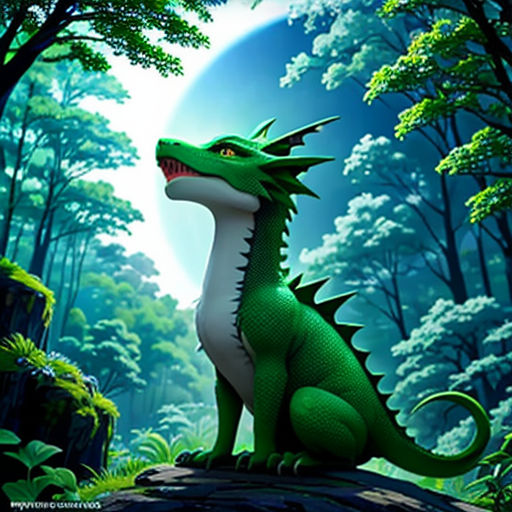 a green dragon sitting on top of a rock in the forest with a full moon in the background and trees