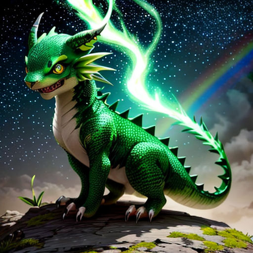 a green dragon sitting on top of a rock under a rainbow filled sky with stars and clouds in the background