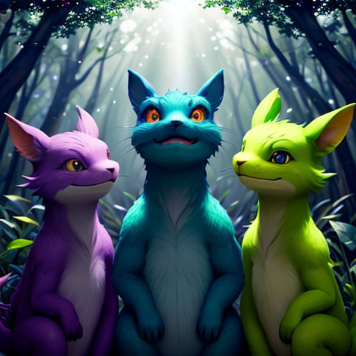three colorful cats sitting in the middle of a forest with a light shining through the trees behind them and a forest background