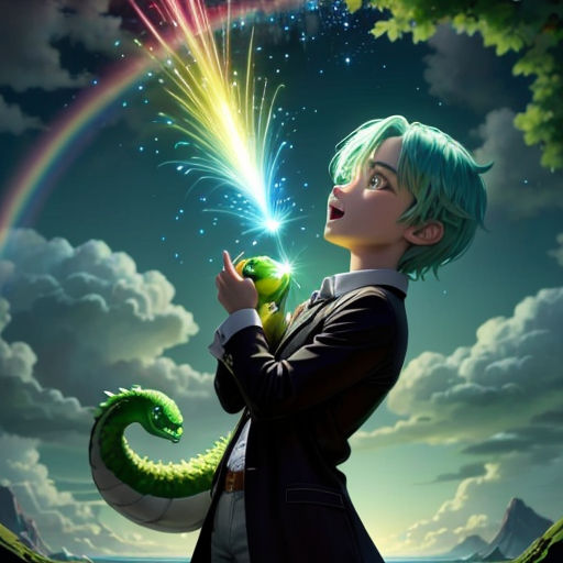 a boy with green hair holding a green dragon in front of a rainbow and a sky with clouds and stars