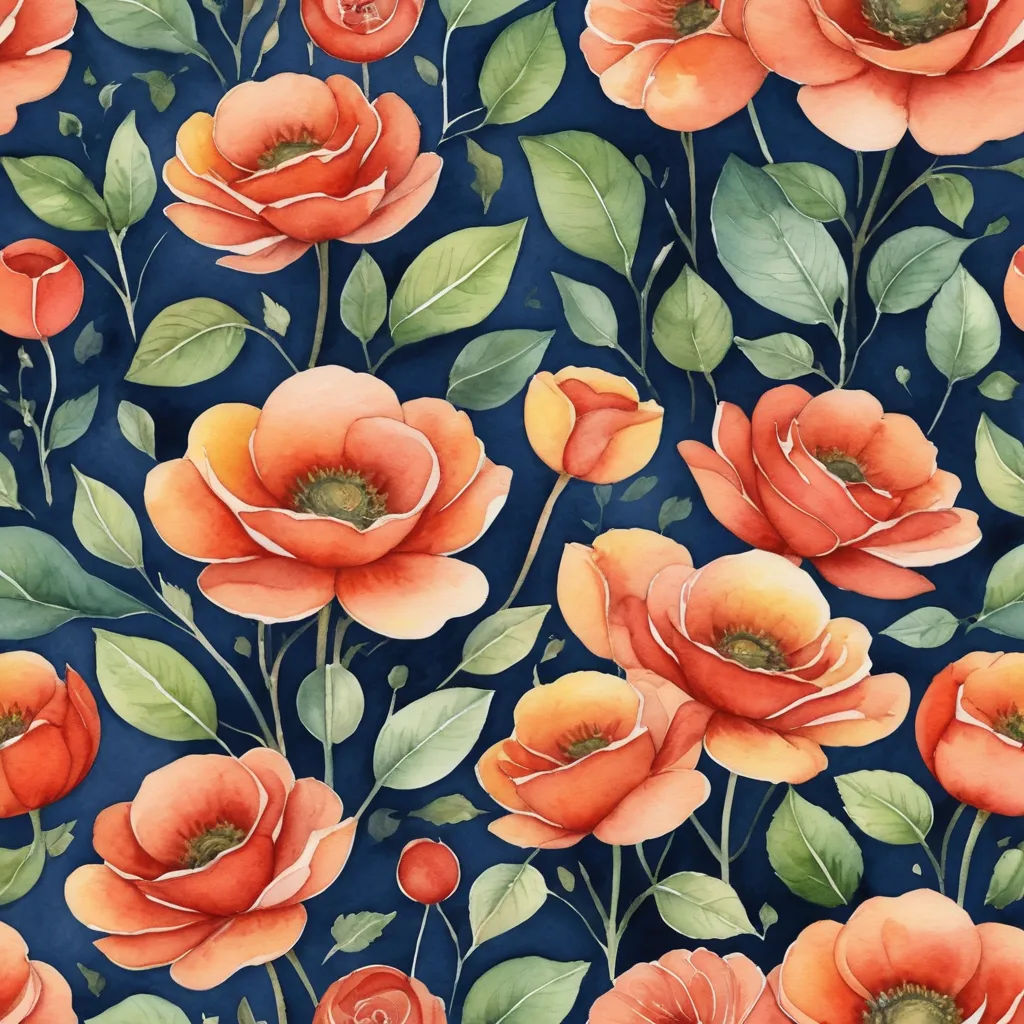 a painting of orange flowers on a blue background with green leaves and buds on the stems of the flowers, arts and crafts movement, a watercolor painting, Annabel Kidston, in gouache detailed paintings