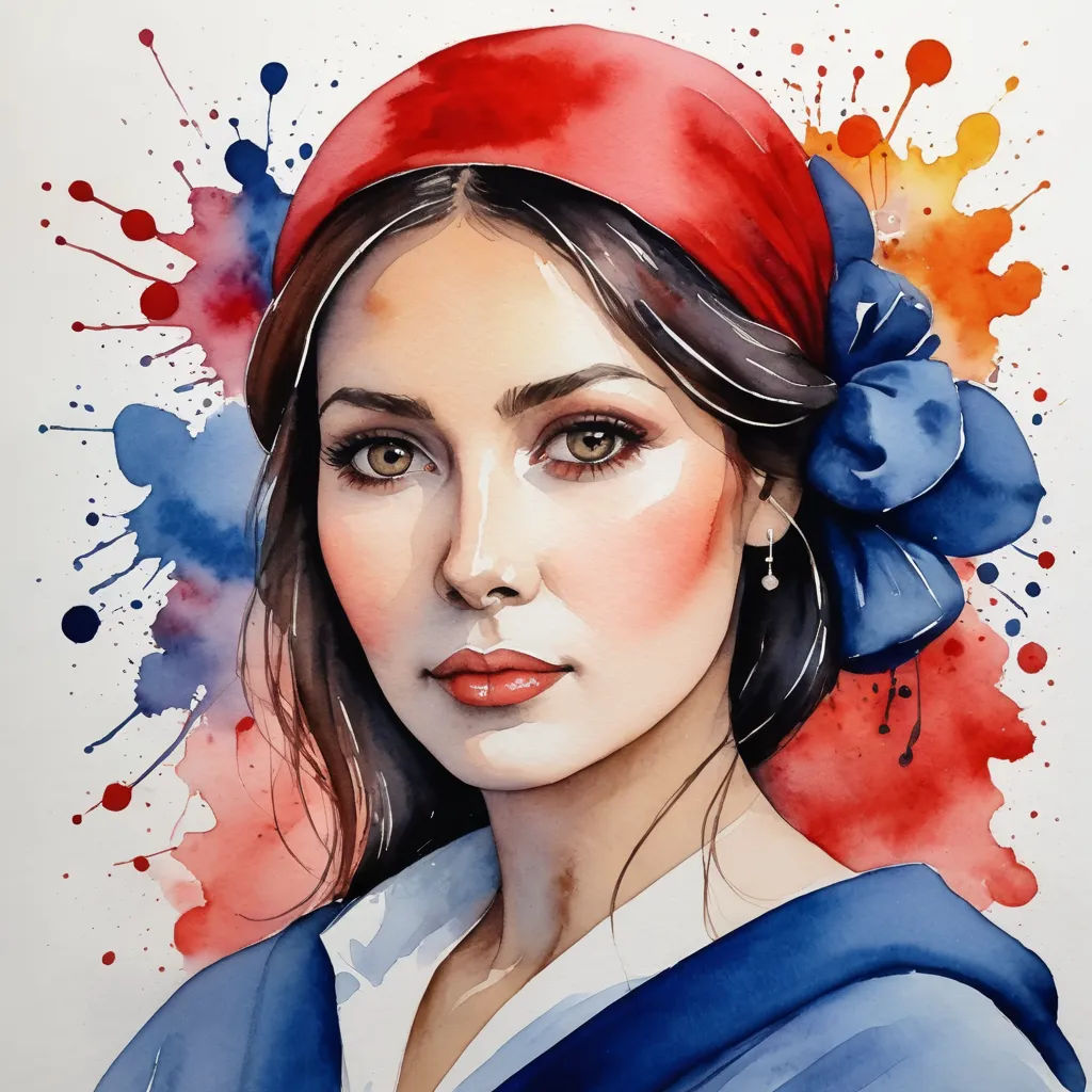 a painting of a woman with a red hat and blue dress and a red bow on her head and a red and blue background, figurative art, a watercolor painting, Elina Karimova, watercolor