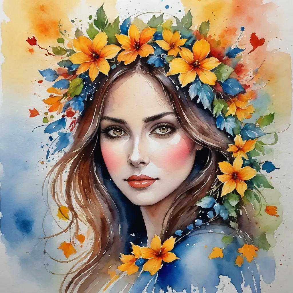 a painting of a woman with flowers in her hair and a wreath of flowers on her head, with watercolor splashes, figurative art, a watercolor painting, artist, watercolor