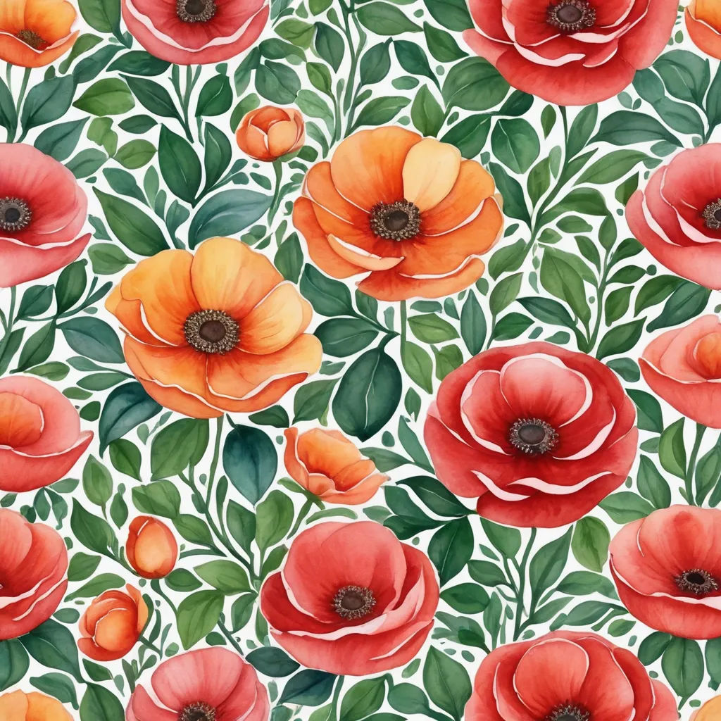 a floral pattern with red and orange flowers on a white background with green leaves and branches, and a black center, arts and crafts movement, a watercolor painting, Annabel Kidston, in gouache detailed paintings