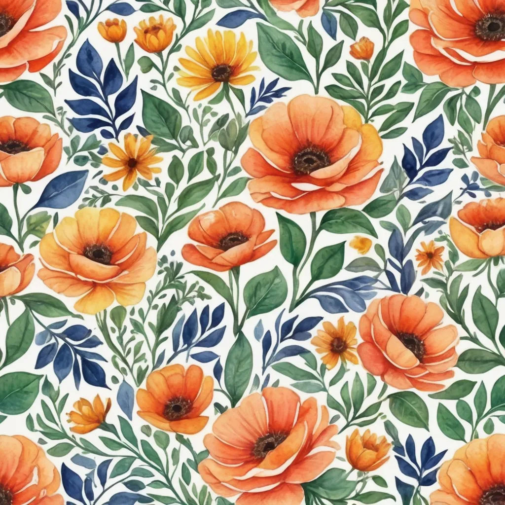 a floral pattern with orange flowers and green leaves on a white background photo of a flower pattern with orange flowers and green leaves on a white background, arts and crafts movement, a watercolor painting, Annabel Kidston, in gouache detailed paintings