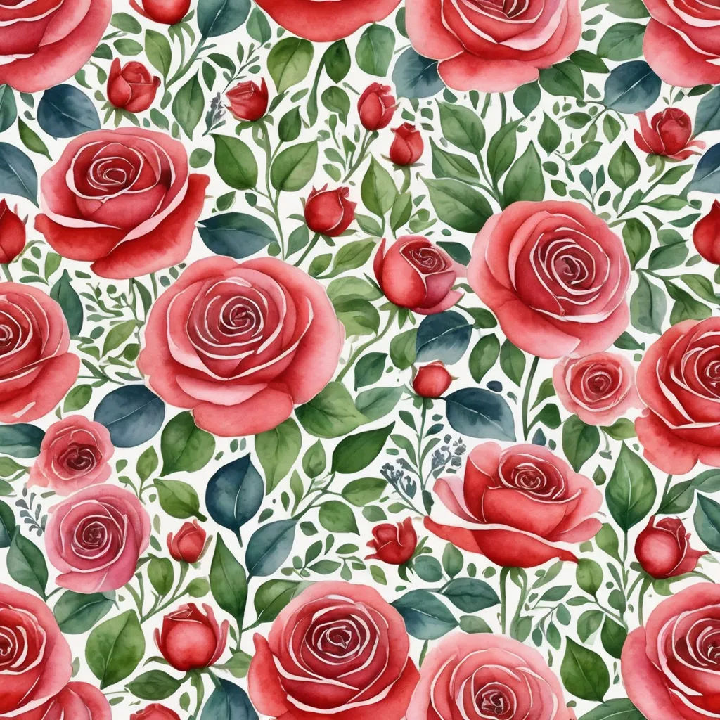 a watercolor painting of red roses and leaves on a white background with green leaves and buds on the stems, rococo, a watercolor painting, Annabel Kidston, roses
