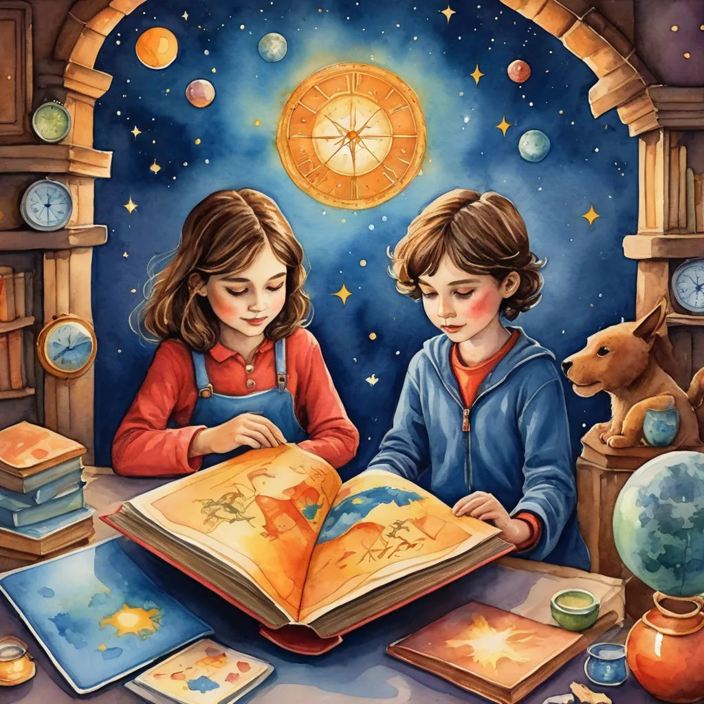 a painting of two children reading a book together in a room with a clock and a dog on the floor, space art, a storybook illustration, Aaron Jasinski, storybook illustration