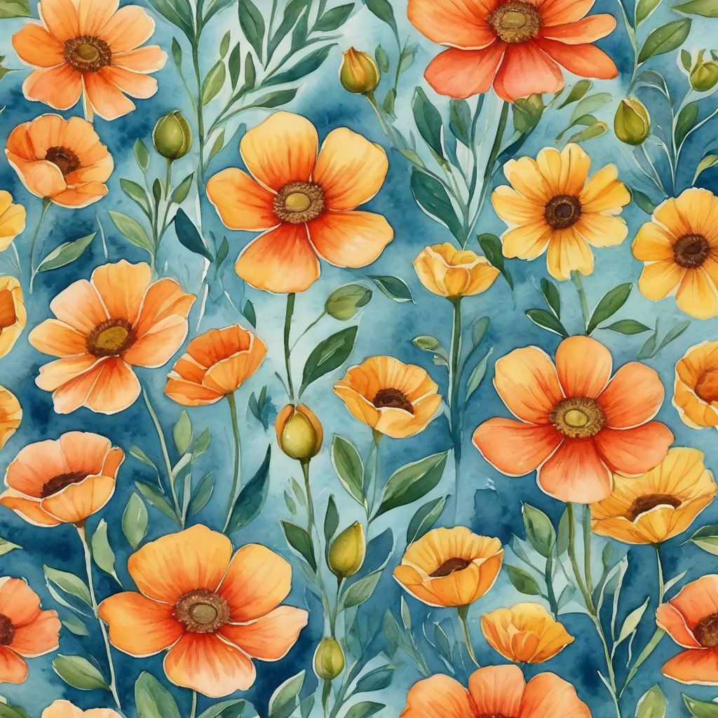 a painting of orange flowers on a blue background with green leaves and buds on the stems and the petals are painted in watercolor, folk art, a watercolor painting, Annabel Kidston, in gouache detailed paintings