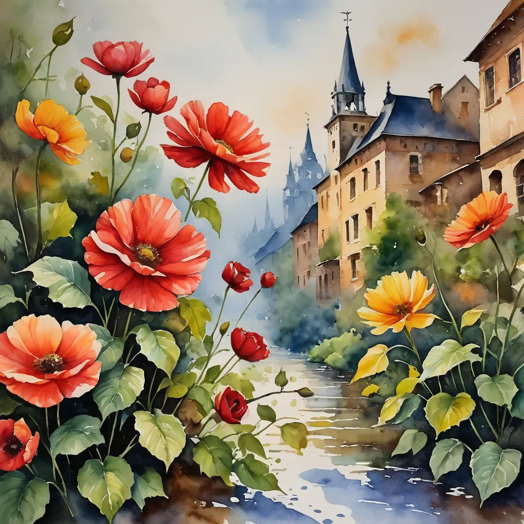 a painting of a river with flowers and buildings in the background and a painting of a river running through it, modern european ink painting, a watercolor painting, Florence Engelbach, watercolor