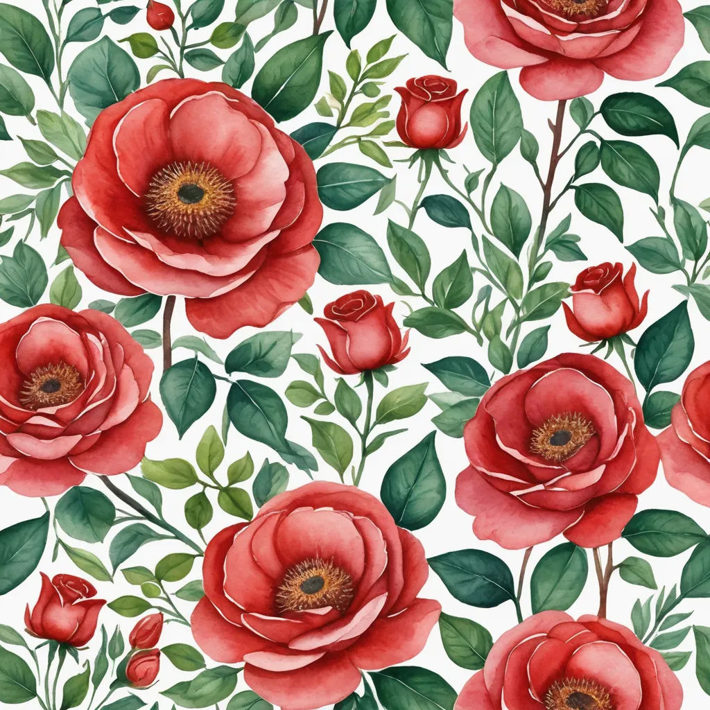 a red flower pattern with green leaves and flowers on a white background, with a red rose in the center, rococo, a watercolor painting, Annabel Kidston, roses