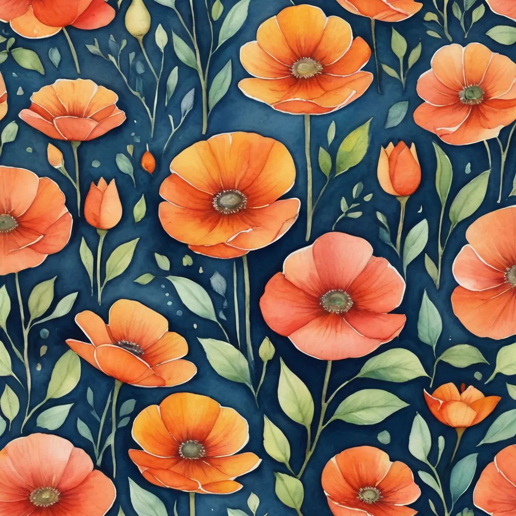 a painting of orange flowers on a blue background with green leaves and buds on the stems of the flowers, arts and crafts movement, a watercolor painting, Annabel Kidston, in gouache detailed paintings
