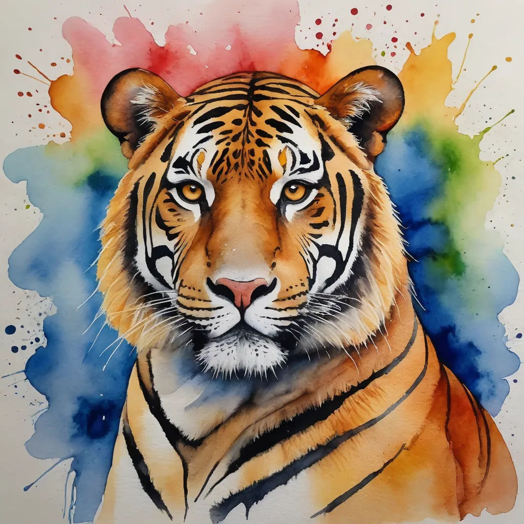 a tiger is shown in a watercolor painting style with a blue, red, yellow, and green background, bengal school of art, a watercolor painting, artist, full of colour