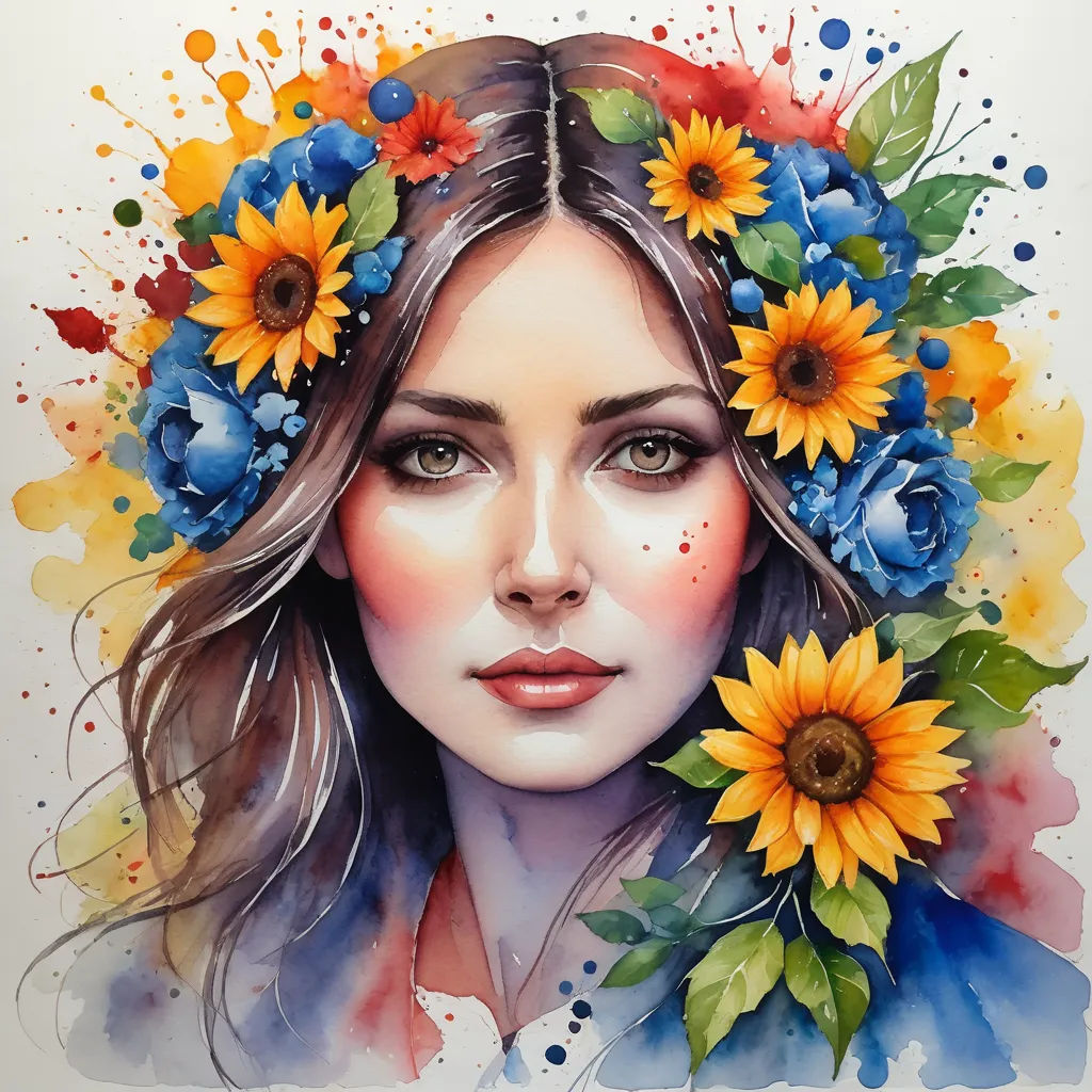 a painting of a woman with sunflowers in her hair and a blue shirt on her shoulders and a red and yellow background, figurative art, a watercolor painting, artist, detailed painting