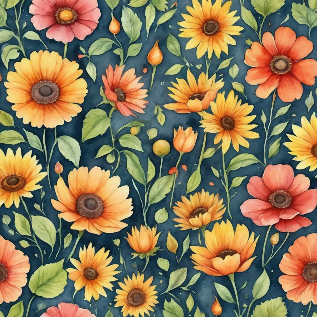 a painting of sunflowers and leaves on a blue background with a green background and a red center, folk art, a detailed painting, Annabel Kidston, highly detailed digital painting