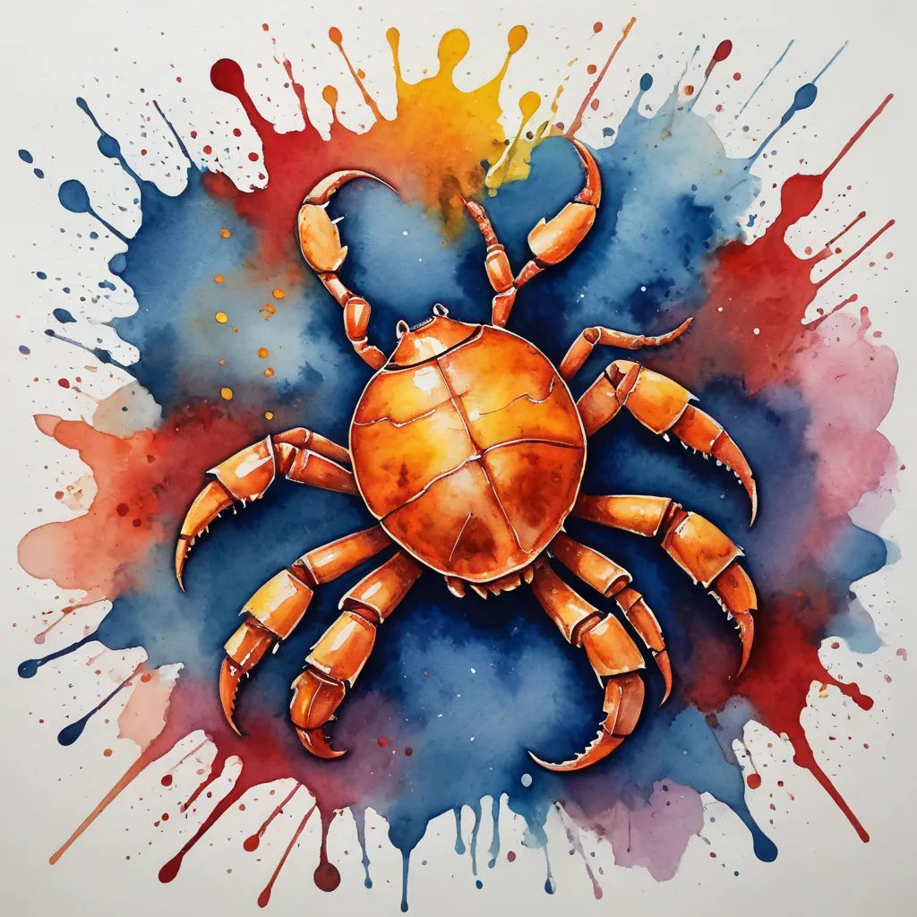 a crab with a watercolor splash on it's back and a blue background with orange and red spots, modern european ink painting, a watercolor painting, Florianne Becker, in gouache detailed paintings