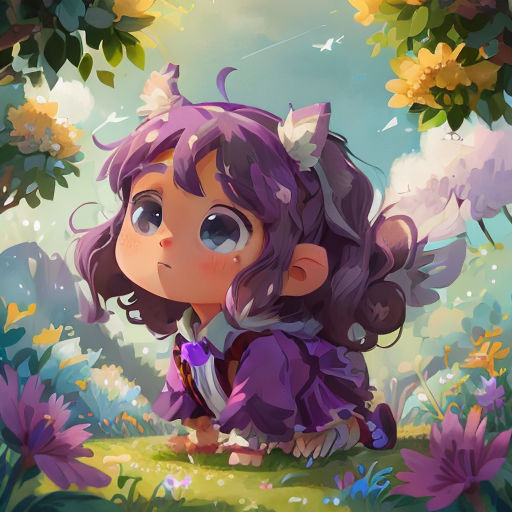 a little girl sitting on the ground in a field of flowers with a butterfly on her head and a purple dress