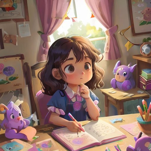 a girl sitting at a desk with a book and a pen in her hand and a purple bear sitting next to her